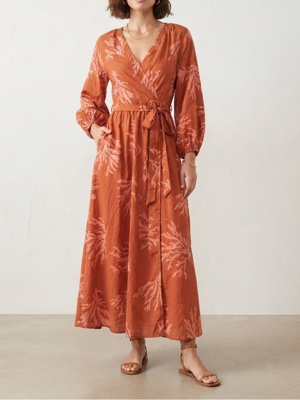 Ava & Viv Rust and Pink Floral Maxi Wrap Dress with Tie